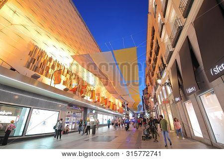 Madrid Spain - May 28, 2019: Unidentified People Visit Calle Preciados Shopping Street Madrid Spain