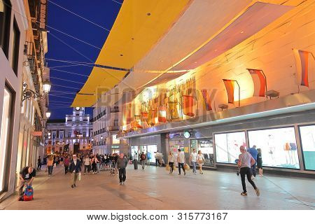Madrid Spain - May 28, 2019: Unidentified People Visit Calle Preciados Shopping Street Madrid Spain