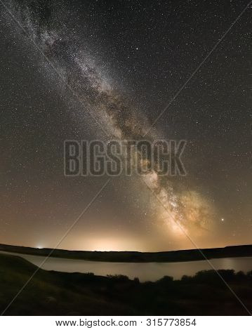 The Milky Way Above Lake Diefenbaker At The Sask Landing In Saskatchewan, Canada