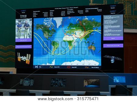 Moscow, Russia - November 28, 2018: Mission control center in Pavilion Space and Transport. Interior exhibition in the Space pavilion at VDNH. Modern museum of russian cosmos exploration