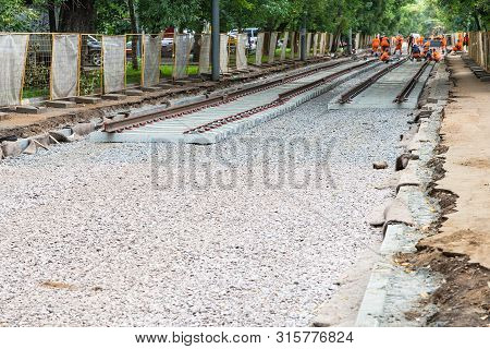Repair Of Tram Tracks In Moscow City - Laying Of New Rails On The Tram Track