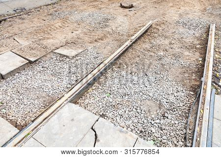 Repair Of Tram Tracks In Moscow City - Disassembled Tram Railroad