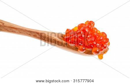 Little Wooden Spoon With Salted Russian Red Caviar Of Sockeye Salmon Fish Isolated On White Backgrou