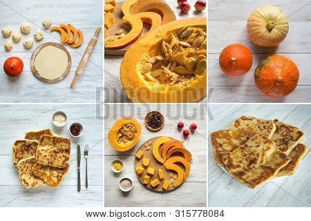 Collage Showing The Cooking Placinta With Pumpkin. Romanian Cuisine.
