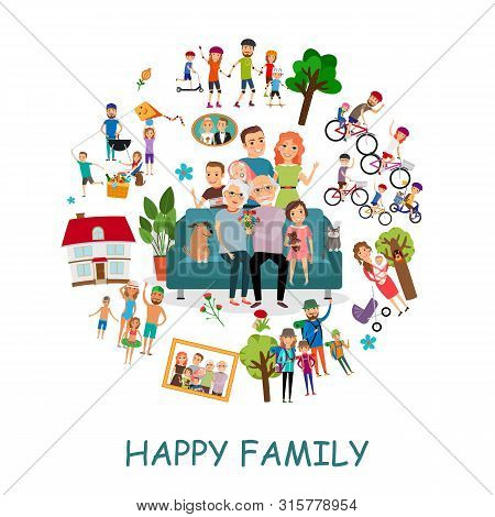 Flat Happy Family Round Concept With Grandparents Mother Father And Children Involving In Different 