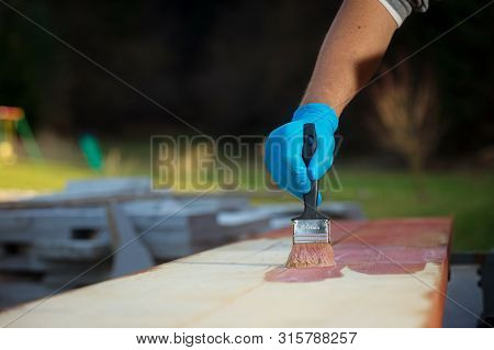 Gloved Hand Applying Wood Stain On Wooden Sufrace