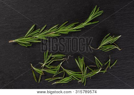 One Whole Lot Of Pieces Of Fresh Evergreen Sprig Of Rosemary Needle Leaves Flatlay On Grey Stone