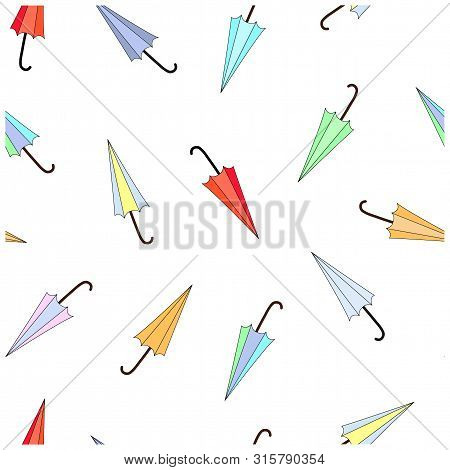 Seamless Pattern On The Theme Of Rainy Weather With The Image Of Multi-colored Closed Umbrellas Isol