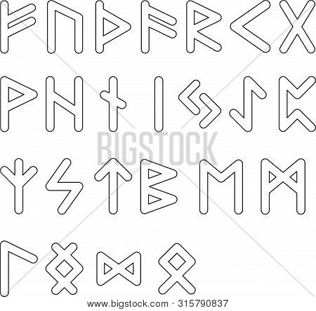Collection Of 24 Scandinavic Runes. Futhark Icon Set. Elder Viking Hieroglyphics. Vector Illustratio