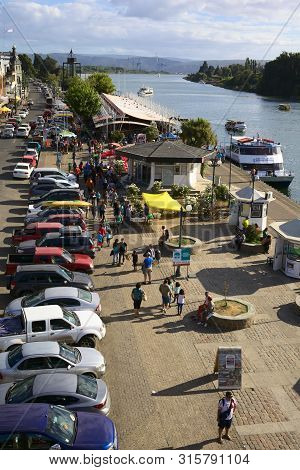 Valdivia, Chile - February 3, 2016: Feria Fluvial (riverside Market) And Tourist Information Along A