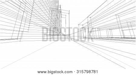 3d Illustration Architecture Building Perspective Lines, Modern Urban Architecture Abstract Backgrou
