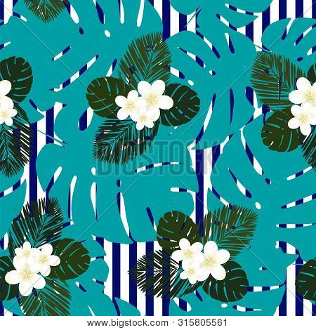 Seamless Blue Striped Vector Tropical Pattern. Plumeria, Frangipani.