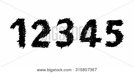 Hand Drawn Numbers 12345. Uppercase Modern Font And Typeface. Black Symbols On White Background. Vec