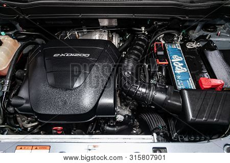 Novosibirsk, Russia - July 17, 2019:  Ssangyong Actyon, Close-up Of The Engine, Front View. Internal