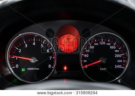 Novosibirsk, Russia - July 17, 2019:  Nissan X-trail, Car Dashboard With White  Backlight: Odometer,