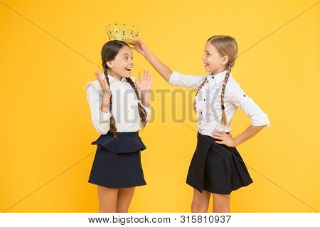 Happy Girls In Uniform And Crown. Imagine As Big Boss. Motivation To Study. Kid Fashion. Friendship.