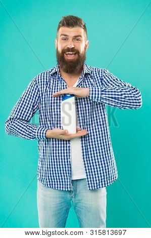 Personal Hygiene. Hair Care. Shampoo For Daily Use. Body Care Cosmetic Bath Shower. Man Hold Shampoo