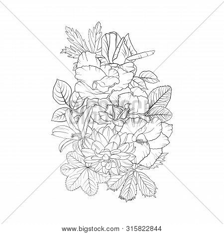 Vector Drawing Flowers, Decorative Rosette, Stylized Designtemplate, Isolated Floral Element, Hand D