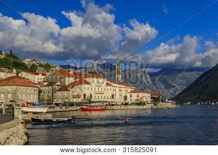 Perast, Montenegro - May 30, 2019: Scenic View Of The Postcard Perfect Historic Town Of Perast, Old 