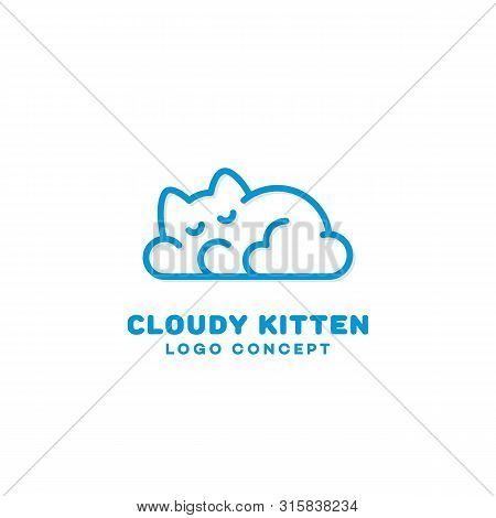 Cloudy Kitten Logo Design Template In Linear Style. Vector Illustration.