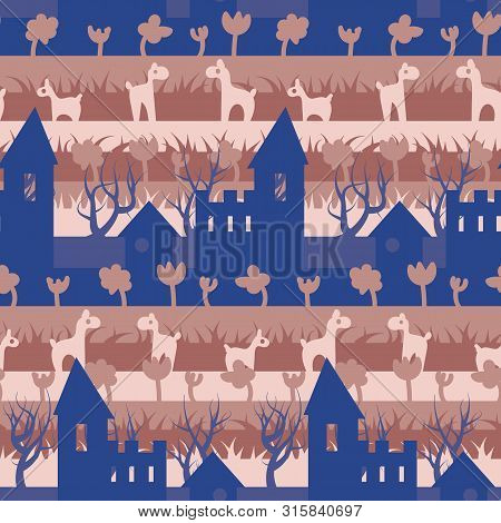 A Seamless Vector Pattern With Fairy Tale Castle Animals And Plants. Surface Print Design. Great For