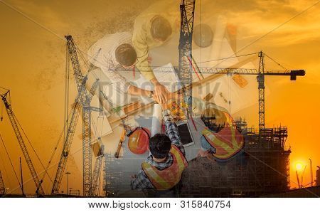 Double Exposure Business Construction Industry And Engineering Concept, Businesspeople Are Handshake
