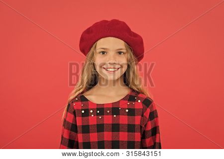 How Wear Beret Like Fashion Girl. Kid Little Girl With Long Hair Posing In Hat And Checkered Dress O