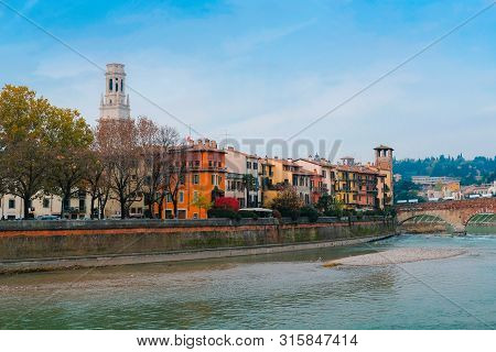 Cityscape Of Verona With River Adige. Historical Center Of European City. Romantic Sightseeng Trip T