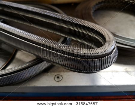 Car Transmission Gears Chain Made Of Real Steel. Cvt Transmission Belt. Car Engine Part