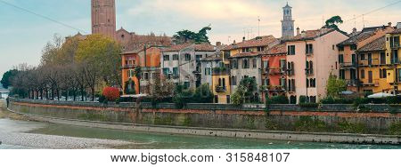 Cityscape Of Verona With River Adige. Historical Center Of European City. Romantic Sightseeng Trip T