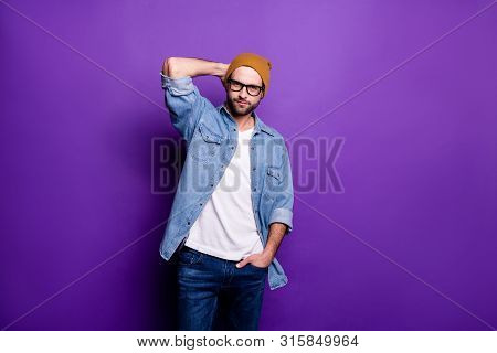 Portrait Of His He Nice Attractive Content Virile Brutal Bearded Guy Posing Modern Lifestyle Season 
