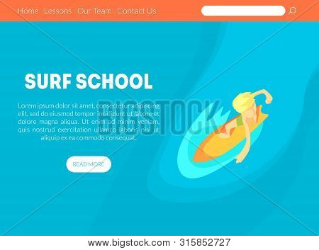 Surf School Landing Page Template With Space For Text And Surfer Riding Wave On Surfboard In Ocean V