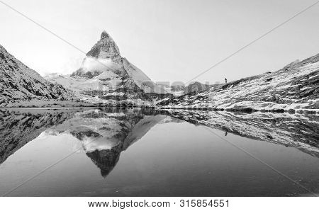 Riffelsee With Matterhorn Reflection, Switzerland - Black And White Version