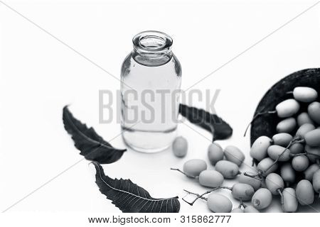 Fresh Green Neem Fruit Of Indian Lilac Fruit In A Clay Bowl Isolated On White Along With Its Oil In