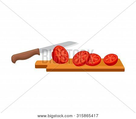 Knife Cuts A Tomato. Vector Illustration On A White Background.