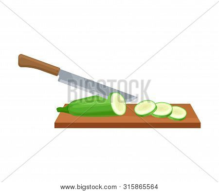 Knife Slices Courgette. Vector Illustration On White Background.