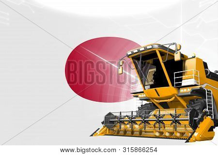 Digital Industrial 3d Illustration Of Yellow Advanced Farm Combine Harvester On Japan Flag - Agricul