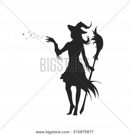 Black Silhouette Of Witch With Hat. Halloween Party. Isolated Image Of Conjuring Sorcerer. Young Mag
