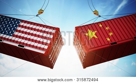 Trade Wars Concept With American And Chinese Flag Textured Cargo Containers Clashing. 3d Illustratio