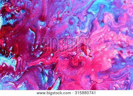 Red-white-blue-purple Abstract Marble Background. Bright Color. The Paint Flows Freely And Creates A