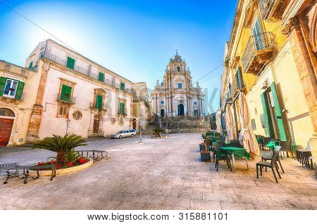 The Baroque Saint George Cathedral Of Modica And Duomo Square. Historic Center Builded In Late Baroq