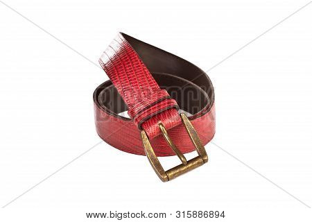 A Red Lether Belt On A White Background