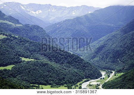 Mountain Landscape, River Valley, Mountains, Green Trees, Valley, River, Glaciers. Valley Of A Zelen