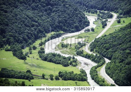 Mountain Landscape, River Valley, Mountains, Green Trees, Valley, River, Glaciers. Valley Of A Zelen