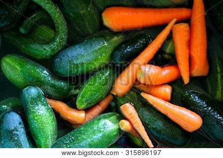 Cucumbers,tomatoes, Carrots In The Water. My Vegetables For Preparation Of Preparations, Pickles And