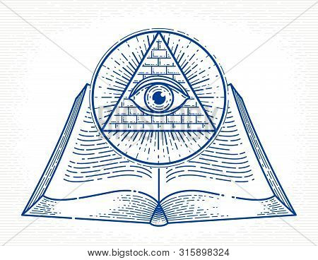 Secret Knowledge Vintage Open Book With All Seeing Eye Of God In Sacred Geometry Triangle, Insight A