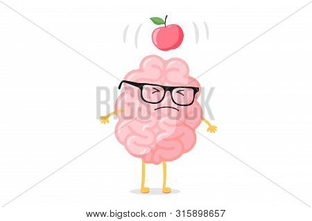 Cartoon Smart Human Brain Character With Glasses And Apple Falling Dawn To Head Scientific Discovery
