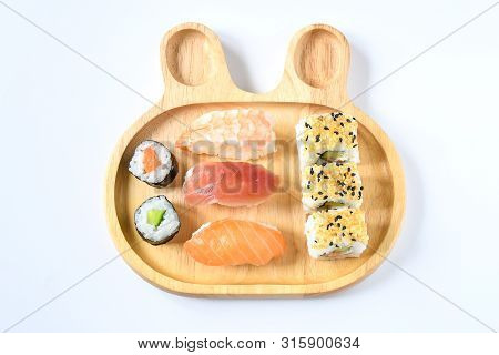 Close Up Top View Mix Sushi With Various Ingrediant As Salmon, Tuna, Avocado,sesame Sushi Is A Delic