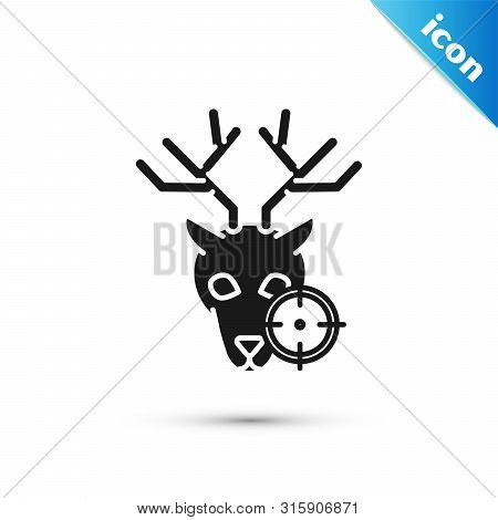 Black Hunt On Deer With Crosshairs Icon Isolated On White Background. Hunting Club Logo With Deer An