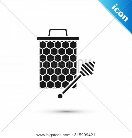 Black Honeycomb With Honey Dipper Stickicon Isolated On White Background. Honey Ladle. Honey Cells S